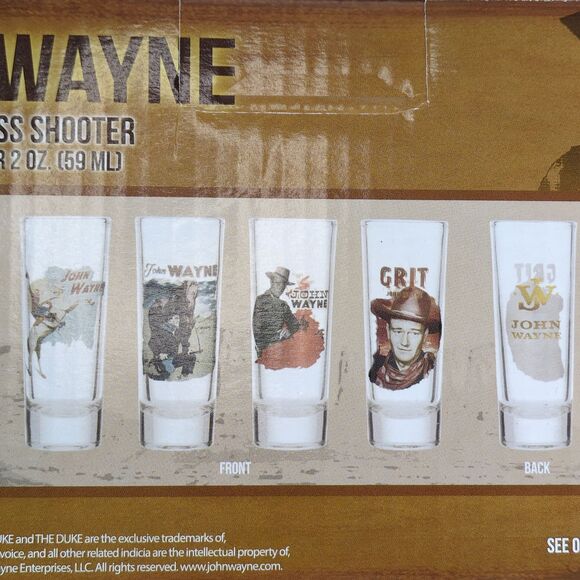 John Wayne 4 Piece Laser Decal Tall Glass Shooter Set NEW in Box Barware Shot - Picture 6 of 7